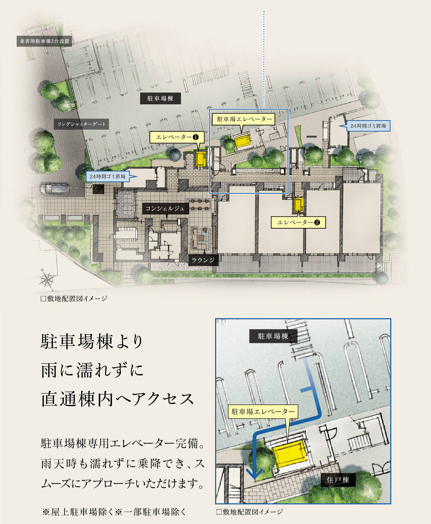 駐車場棟より雨に濡れずに直通棟内へアクセス駐車場棟より雨に濡れずに直通棟内へアクセス※屋上駐車場除く※一部駐車場除く