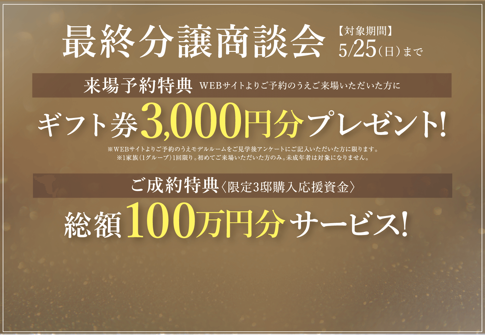 【対象期間】最終分譲商談会5/25（日）まで 来場予約特典 WEBサイトよりご予約のうえご来場いただいた方に ギフト券3,000円分プレゼント!※WEBサイトよりご予約のうえモデルルームをご見学後アンケートにご記入いただいた方に限ります。※1家族（1グループ）1回限り。初めてご来場いただいた方のみ。未成年者は対象になりません。 ご成約特典〈限定3邸購入応援資金〉総額100万円分サービス!