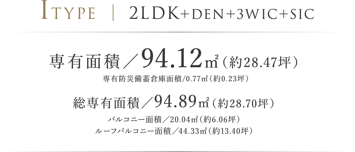 ITYPE ｜ 2LDK＋DEN＋3WIC＋SIC 専有面積／94.12㎡（約28.47坪）専有防災備蓄倉庫面積/0.77㎡（約0.23坪） 総専有面積／94.89㎡（約28.70坪）バルコニー面積／20.04㎡（約6.06坪）　ルーフバルコニー面積／44.33㎡（約13.40坪）