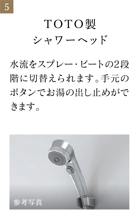 TOTO製シャワーヘッド 水流をスプレー・ビートの2段階に切替えられます。手元のボタンでお湯の出し止めができます。